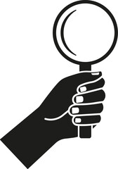 Hand holding magnifying glass icon. Vector. Flat design.