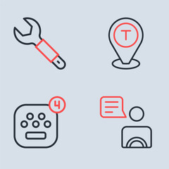 Set line Location taxi car, Taxi mobile app, driver and Wrench spanner icon. Vector
