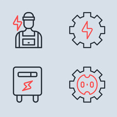 Set line Gear and lightning, Electric meter, Electrical outlet and Electrician icon. Vector