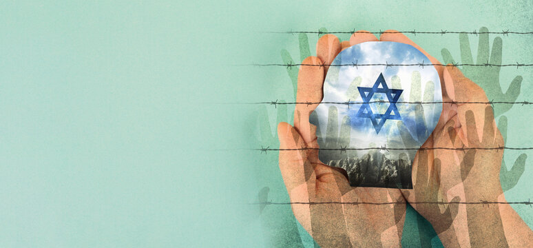 Holding face with flag of Israel, Star of David and barbed wire with hands, war between jewish and palestinians, refugees