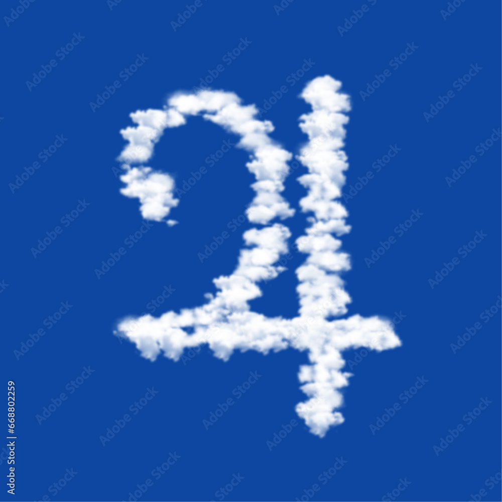 Poster clouds in the shape of a jupiter astrological symbol on a blue sky background. a symbol consisting o