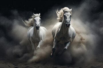 A wild horse that run through dust and sand