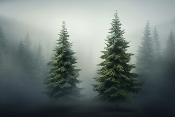 Two fir trees in a foggy forest - obrazy, fototapety, plakaty