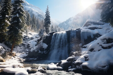 A waterfall in the mountains in winter