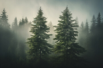 Two fir trees in a foggy forest - 668802243