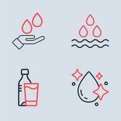 Set line Water drop, Bottle of water with glass, and Washing hands soap icon. Vector