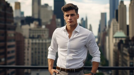 Photo of a handsome man in a stylish white classic shirt against the backdrop of the city. Style and fashion concept.