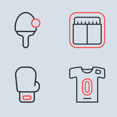 Set line Sport mechanical scoreboard, Boxing glove, Football jersey and t-shirt and Racket icon. Vector