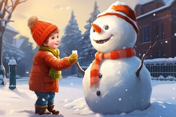 a happy child is building a snowman on the street.winter illustration