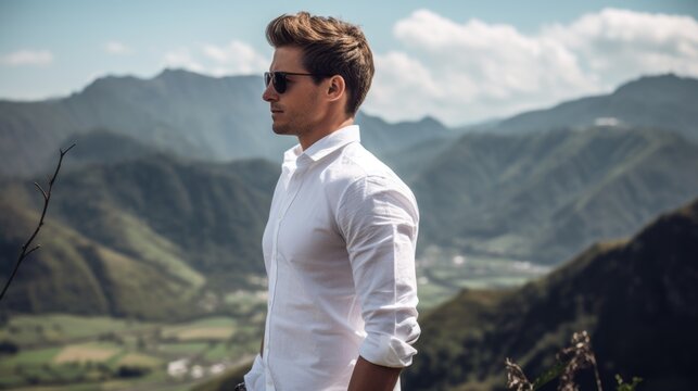 Photo of a handsome man in a stylish white dress shirt against the backdrop of beautiful mountains. Style and fashion concept.
