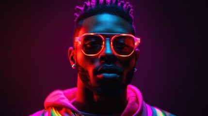 portrait of a young African man wearing fashionable glasses and colorful bright neon lights, on a black background. Art design concept