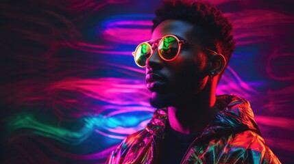 portrait of a young African man wearing fashionable glasses and colorful bright neon lights, on a...