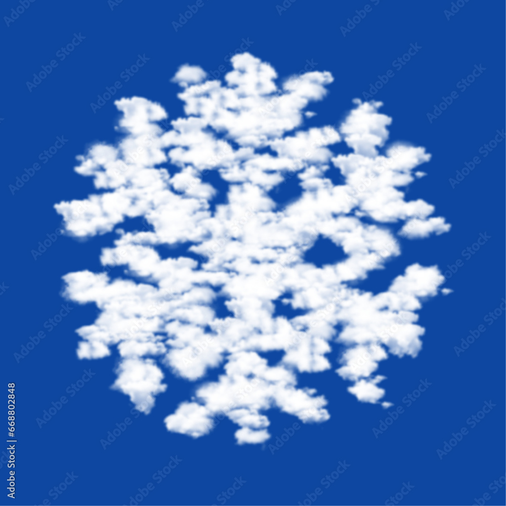 Poster clouds in the shape of a snowflake symbol on a blue sky background. a symbol consisting of clouds in