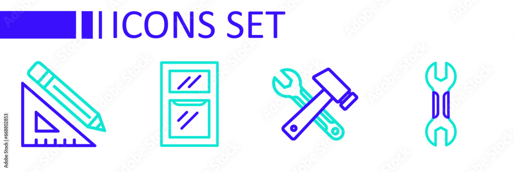 Poster set line wrench spanner, window in room, hammer and wrench and triangular ruler pencil icon. vector