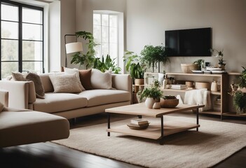 Domestic and cozy interior of living room with beige sofa plants shelf coffee table boucle rug mock