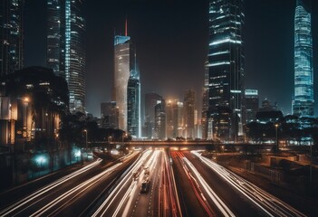 Fototapeta na wymiar Road in city with skyscrapers and car traffic light trails infrastructure and transportation background