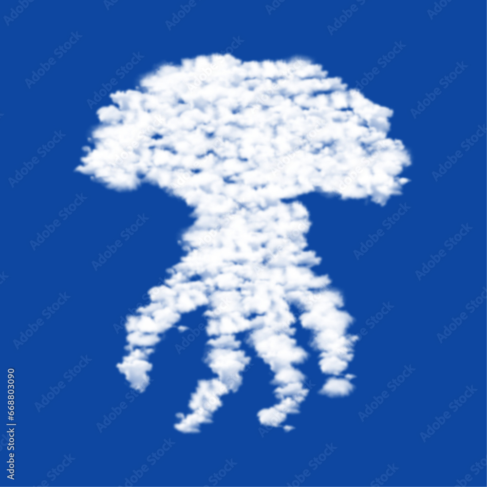 Poster clouds in the shape of a jellyfish symbol on a blue sky background. a symbol consisting of clouds in