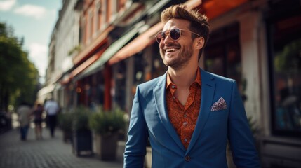 photo, a man in stylish fashionable clothes and with a perfect smile against the backdrop of a big city - obrazy, fototapety, plakaty