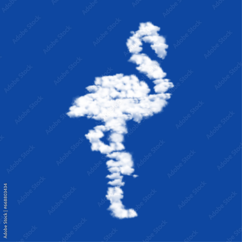 Poster clouds in the shape of a flamingos symbol on a blue sky background. a symbol consisting of clouds in