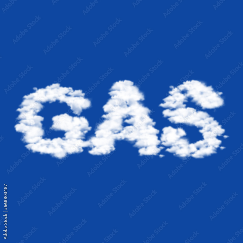 Poster clouds in the shape of a gas text symbol on a blue sky background. a symbol consisting of clouds in 