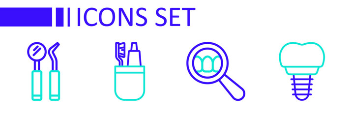 Set line Dental implant, search, Toothbrush and toothpaste and mirror probe icon. Vector