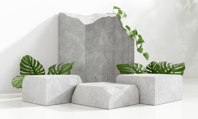 Stone product display podium stand with monstera leaf on white background. 3D rendering	
