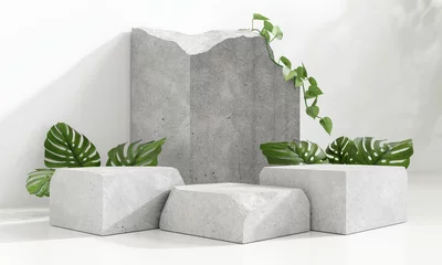 Fotobehang Stone product display podium stand with monstera leaf on white background. 3D rendering   © nawapon