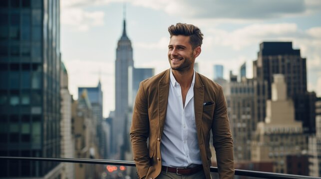 photo, a man in stylish fashionable clothes and with a perfect smile against the backdrop of a big city