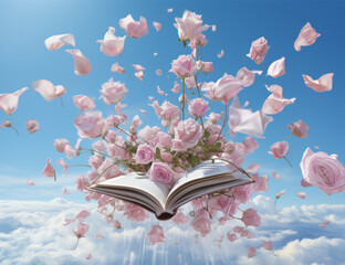 An open book surrounded by pastel pink floating flowers with a blue sunny sky in the background. The concept of reading, spring sales of books, poetry and romantic novels.