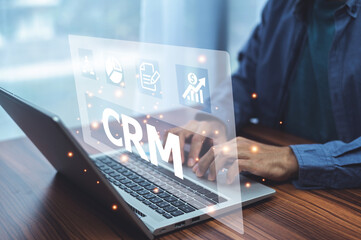 CRM Customer Relationship Management concept, Businessman using CRM software for business marketing, Customer management.