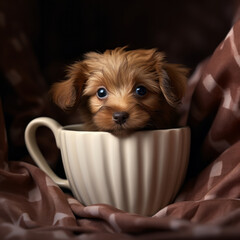 Adorable little brown puppy in a coffee mug. Concept of pets, coffee, love.