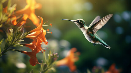 A hummingbird collects nectar from flowers