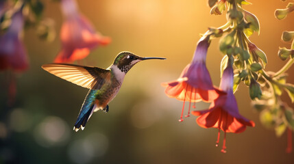 A hummingbird collects nectar from flowers