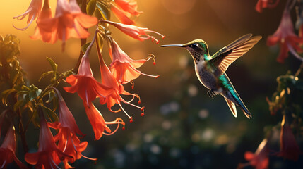 A hummingbird collects nectar from flowers - obrazy, fototapety, plakaty