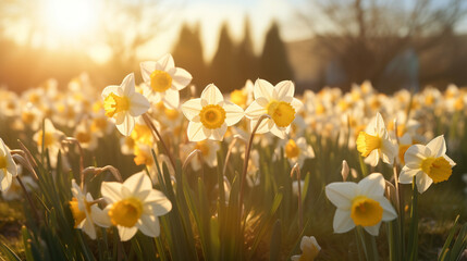 Daffodil field in golden sunlight