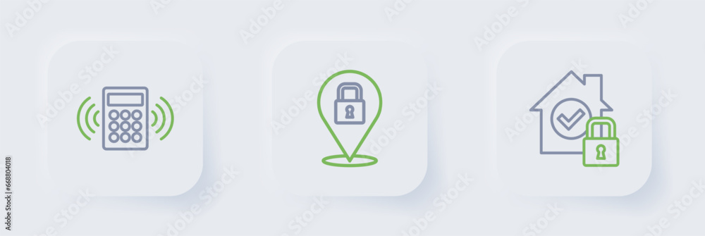 Aufkleber set line house under protection, lock and security keypad access panel icon. vector