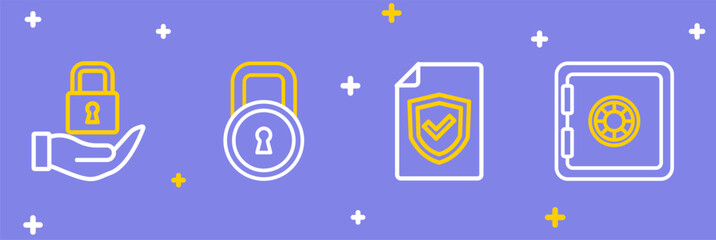 Set line Safe, Contract with shield, Lock and icon. Vector