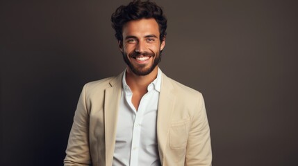studio photo, a man in stylish fashionable clothes and with a perfect smile