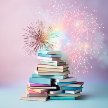 Colorful books with sprinkles and fireworks. Books as a gift. Pastel rainbow colors. The concept of Christmas and New Year book sales, book fairs, poetry and good novels.