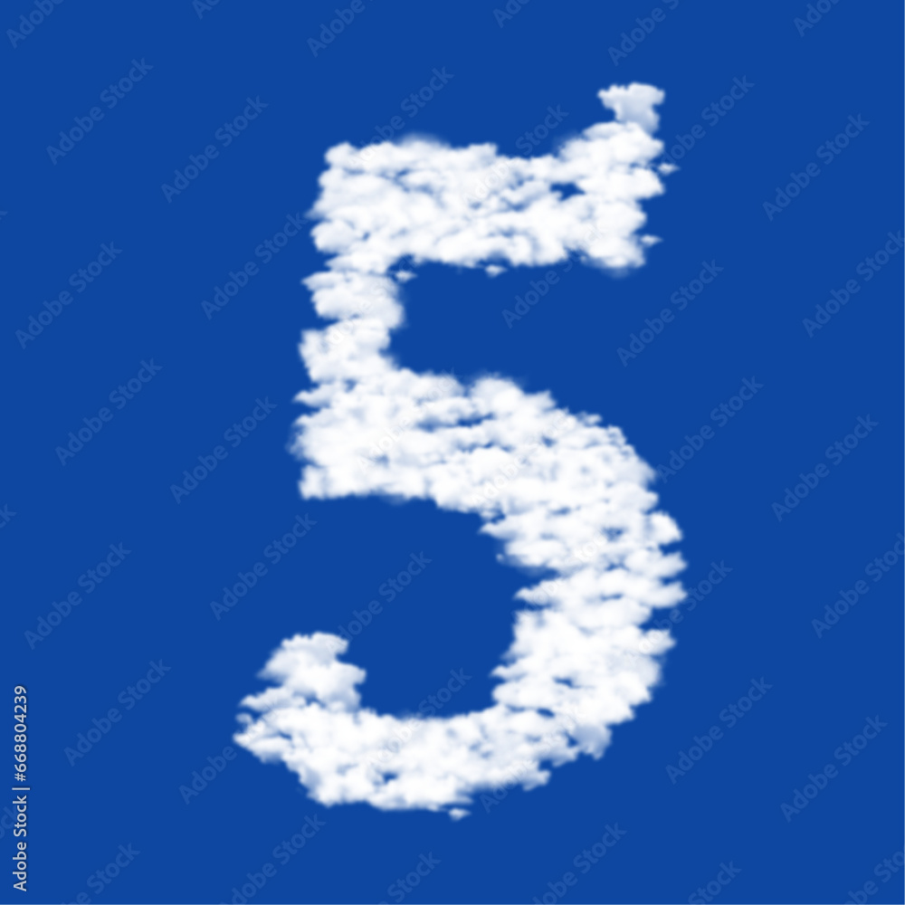 Poster clouds in the shape of a number five symbol on a blue sky background. a symbol consisting of clouds 