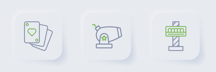 Set line Attraction carousel, Cannon and Playing cards icon. Vector