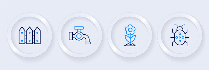 Set line Colorado beetle, Flower, Water tap and Garden fence wooden icon. Vector