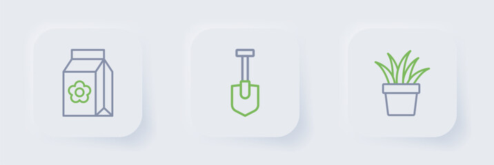 Set line Plant in pot, Shovel and Pack full of seeds icon. Vector