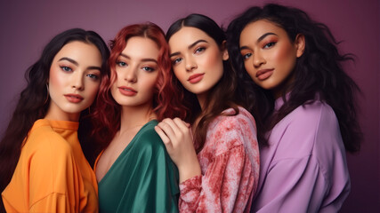 Obraz premium Group of multiethnic women with different hairstyles posing in studio