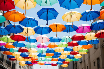 Fototapeta na wymiar Colorful open umbrellas above the street. Concept of creativity, beauty, happiness.