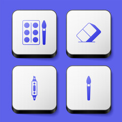 Set Watercolor paints in box, Eraser rubber, Marker pen and Paint brush icon. White square button. Vector