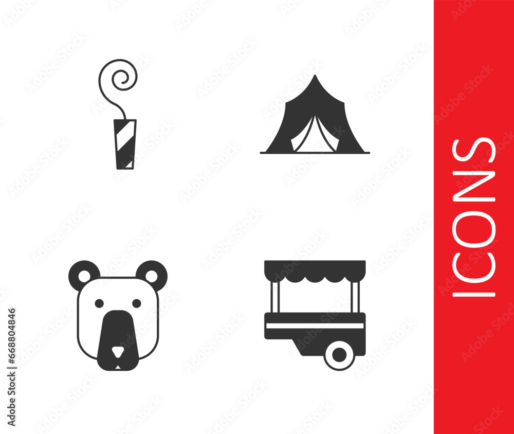 Wall mural Set Fast street food cart, Birthday party horn, Bear head and Circus tent icon. Vector