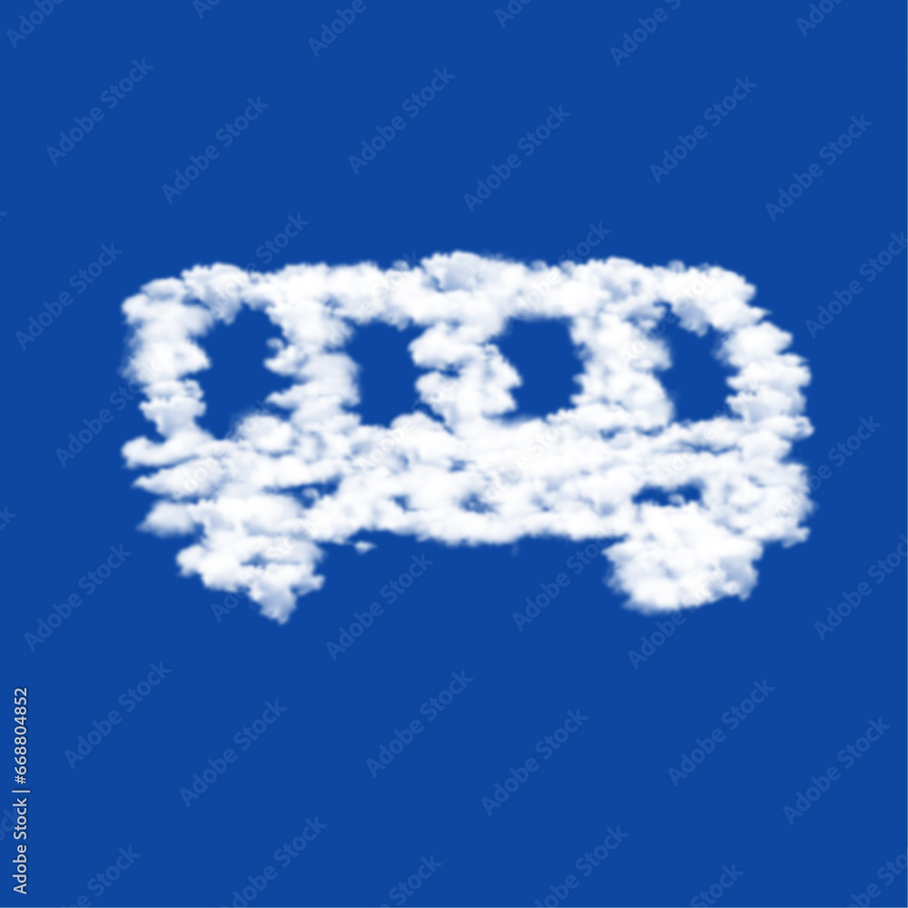 Poster clouds in the shape of a bus symbol on a blue sky background. a symbol consisting of clouds in the c