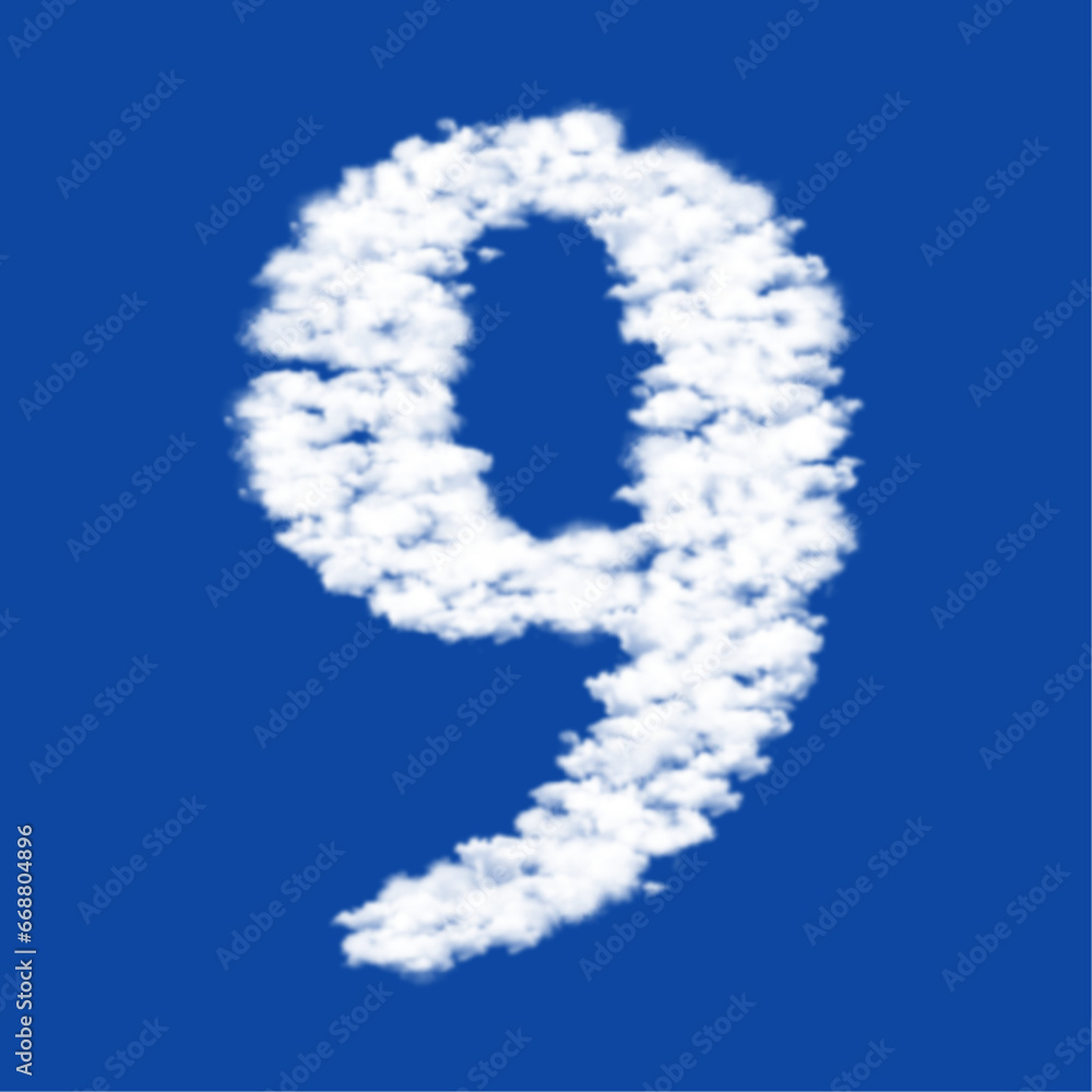 Poster clouds in the shape of a number nine symbol on a blue sky background. a symbol consisting of clouds 