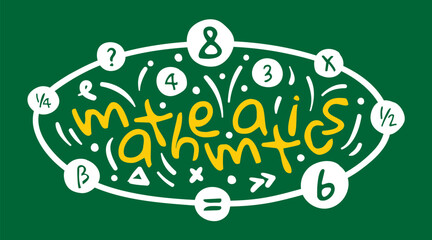 mathematics word and symbols on green background